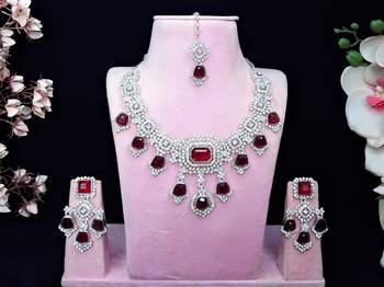 Maroon rhodium premium designer american diamond and stone work necklace set 1
