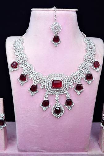 Maroon rhodium premium designer american diamond and stone work necklace set