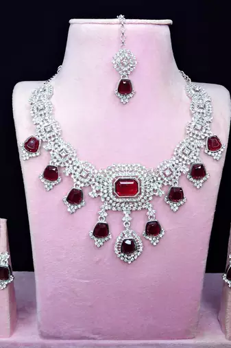 Maroon rhodium premium designer american diamond and stone work necklace set