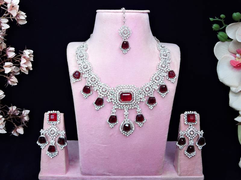 Maroon rhodium premium designer american diamond and stone work necklace set