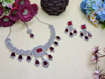 Maroon rhodium premium designer american diamond and stone work necklace set 2
