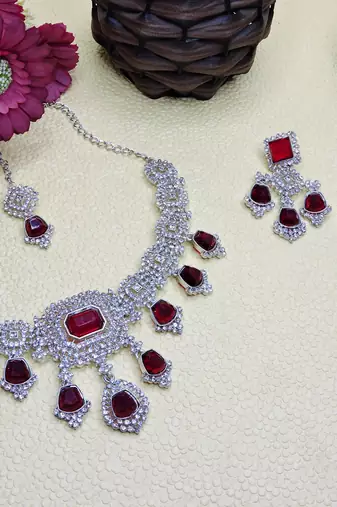 Maroon rhodium premium designer american diamond and stone work necklace set