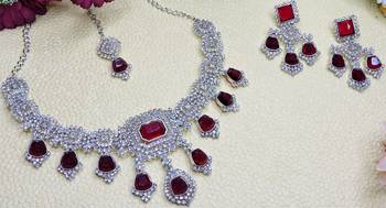 Maroon rhodium premium designer american diamond and stone work necklace set 3