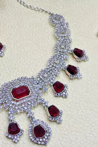 Maroon rhodium premium designer american diamond and stone work necklace set