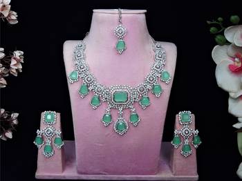 Green rhodium premium designer american diamond and stone work necklace set 1