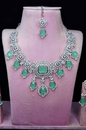 Green rhodium premium designer american diamond and stone work necklace set