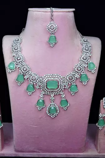 Green rhodium premium designer american diamond and stone work necklace set