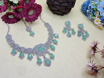 Green rhodium premium designer american diamond and stone work necklace set 2