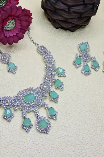 Green rhodium premium designer american diamond and stone work necklace set
