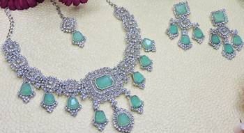Green rhodium premium designer american diamond and stone work necklace set 3