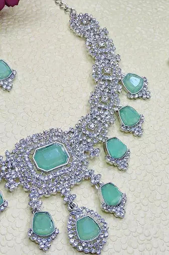 Green rhodium premium designer american diamond and stone work necklace set