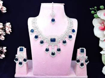 Blue rhodium premium designer american diamond and stone work necklace set 1
