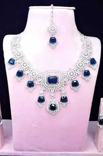 Blue rhodium premium designer american diamond and stone work necklace set