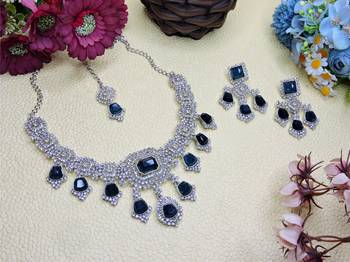 Blue rhodium premium designer american diamond and stone work necklace set 2
