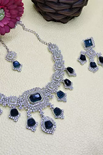 Blue rhodium premium designer american diamond and stone work necklace set
