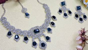 Blue rhodium premium designer american diamond and stone work necklace set 3