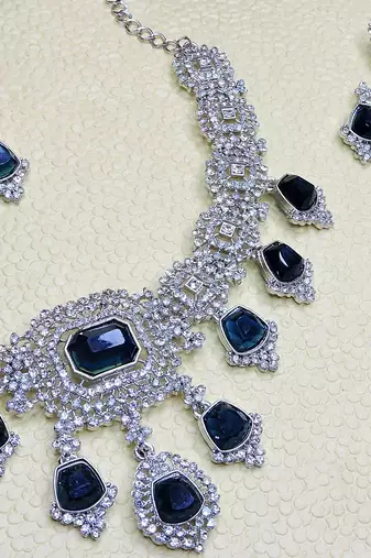 Blue rhodium premium designer american diamond and stone work necklace set