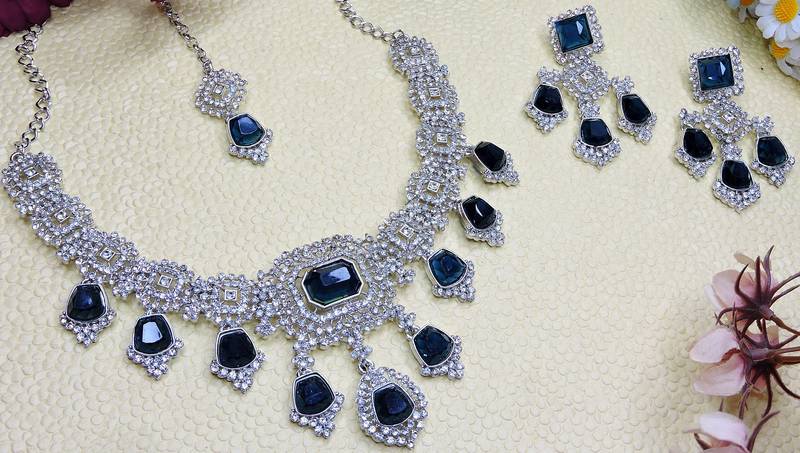 Blue rhodium premium designer american diamond and stone work necklace set