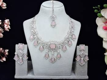 Pink rhodium premium designer american diamond and stone work necklace set 1