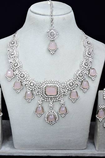 Pink rhodium premium designer american diamond and stone work necklace set