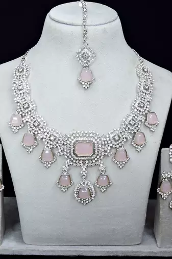 Pink rhodium premium designer american diamond and stone work necklace set