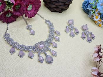 Pink rhodium premium designer american diamond and stone work necklace set 2