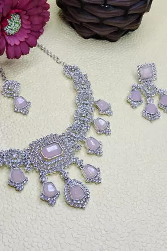 Pink rhodium premium designer american diamond and stone work necklace set