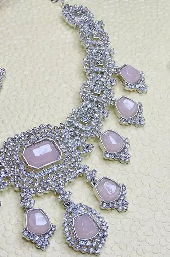 Pink rhodium premium designer american diamond and stone work necklace set