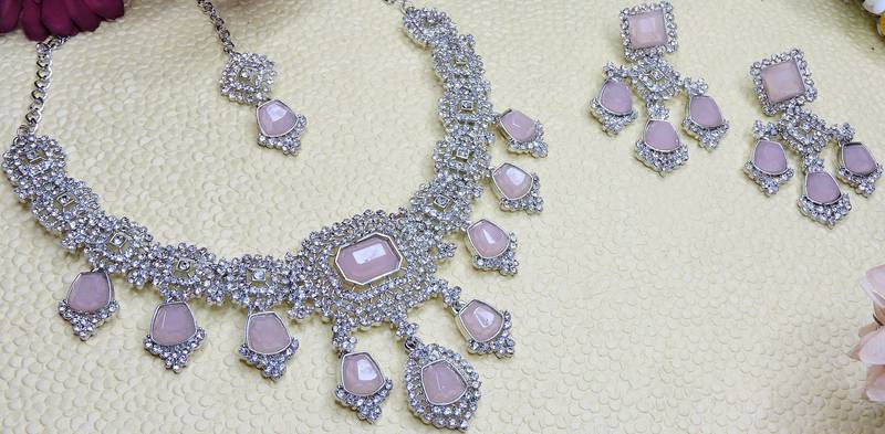 Pink rhodium premium designer american diamond and stone work necklace set