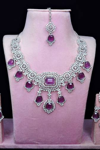 Purple rhodium premium designer american diamond and stone work necklace set