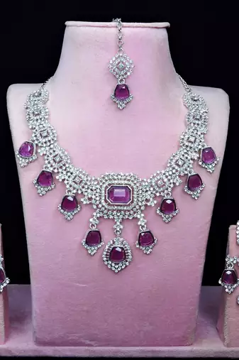 Purple rhodium premium designer american diamond and stone work necklace set
