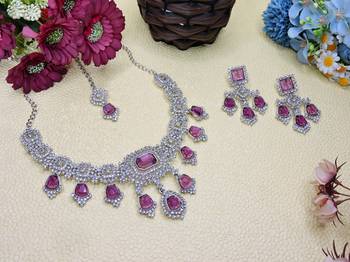 Purple rhodium premium designer american diamond and stone work necklace set 2