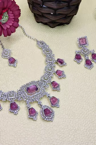 Purple rhodium premium designer american diamond and stone work necklace set