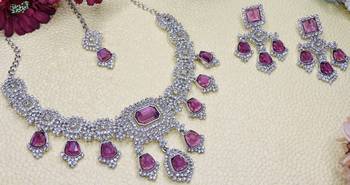 Purple rhodium premium designer american diamond and stone work necklace set 3