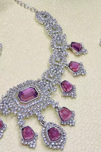 Purple rhodium premium designer american diamond and stone work necklace set
