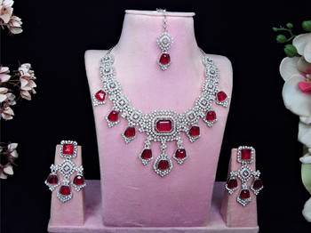 Pink rhodium premium designer american diamond and stone work necklace set 1