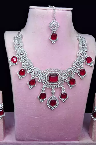 Pink rhodium premium designer american diamond and stone work necklace set