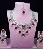 Pink rhodium premium designer american diamond and stone work necklace set