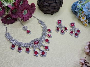 Pink rhodium premium designer american diamond and stone work necklace set 2