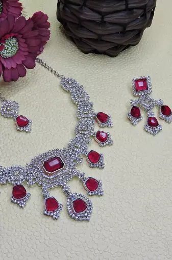 Pink rhodium premium designer american diamond and stone work necklace set