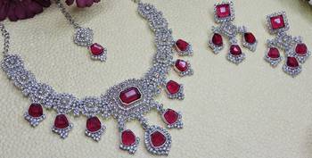 Pink rhodium premium designer american diamond and stone work necklace set 3