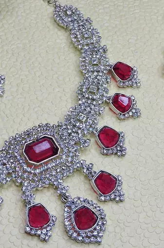 Pink rhodium premium designer american diamond and stone work necklace set