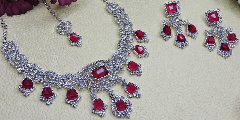 Pink rhodium premium designer american diamond and stone work necklace set