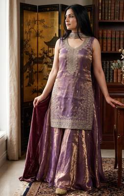 Onion pink embroidered shimmer silk kurta with palazzo and dupatta set 1