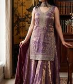 Onion pink embroidered shimmer silk kurta with palazzo and dupatta set