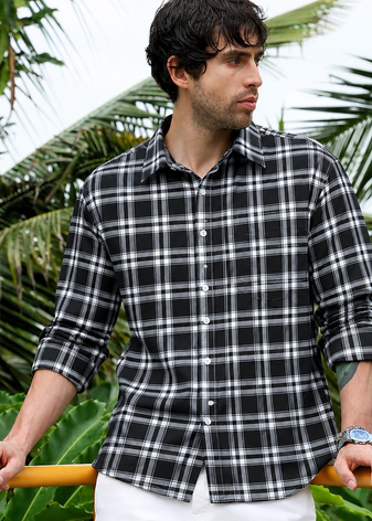 Men's Checkered Printed Spread Collar Casual Black Shirt