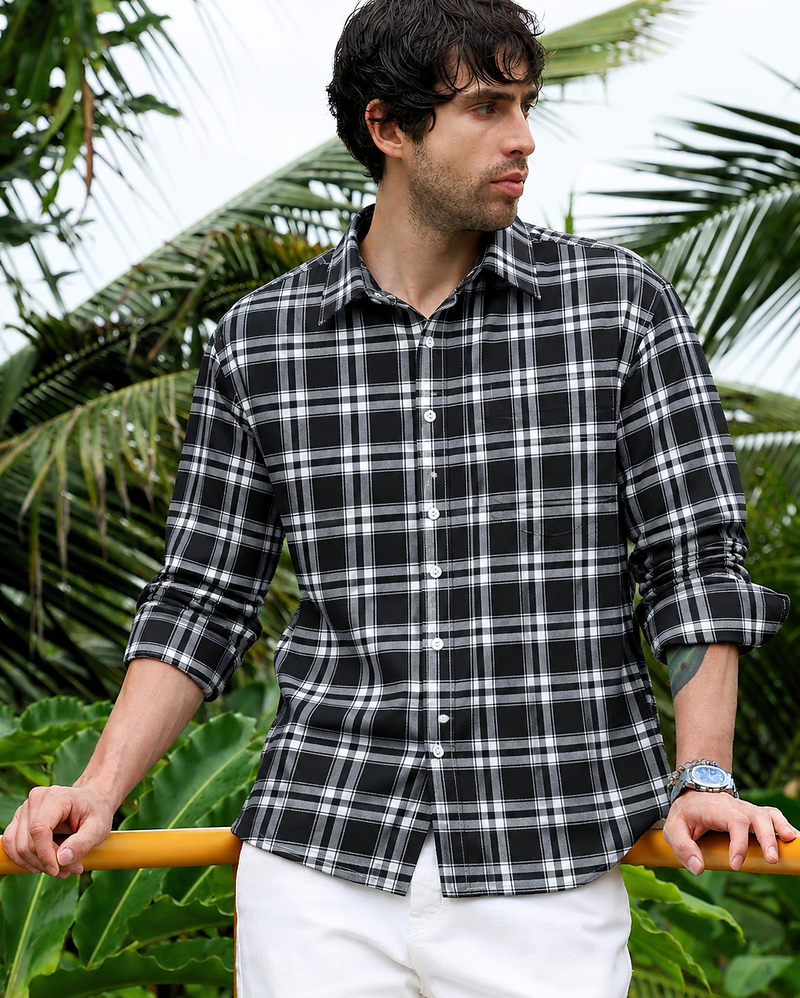 Men's Checkered Printed Spread Collar Casual Black Shirt
