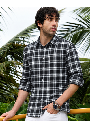 Men's Checkered Printed Spread Collar Casual Black Shirt 2