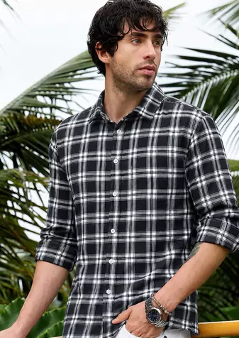 Men's Checkered Printed Spread Collar Casual Black Shirt