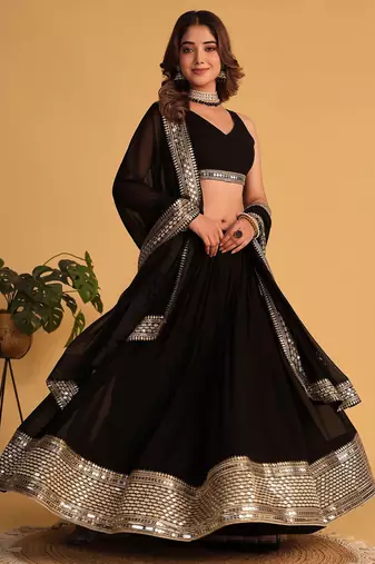 Black Sequins Embroidered Faux Blooming Lehenga Choli With Dupatta